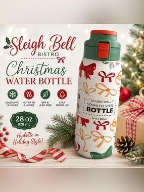 NWT Sleigh Bell Bistro 28 oz Christmas Bow Double Wall Stainless Steel Bottle
